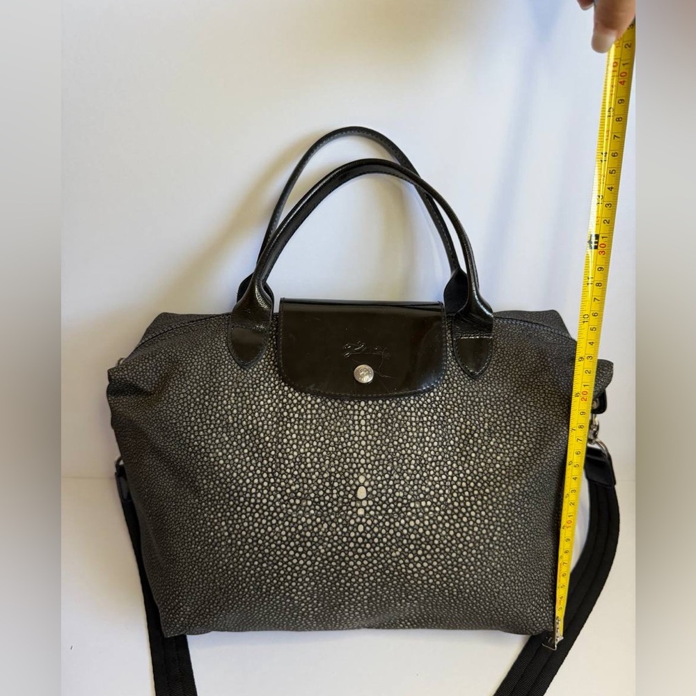 Longchamp Le Pliage Bag w Stingray Pattern Gray Nylon and Patent Leather Trim - Picture 3 of 14